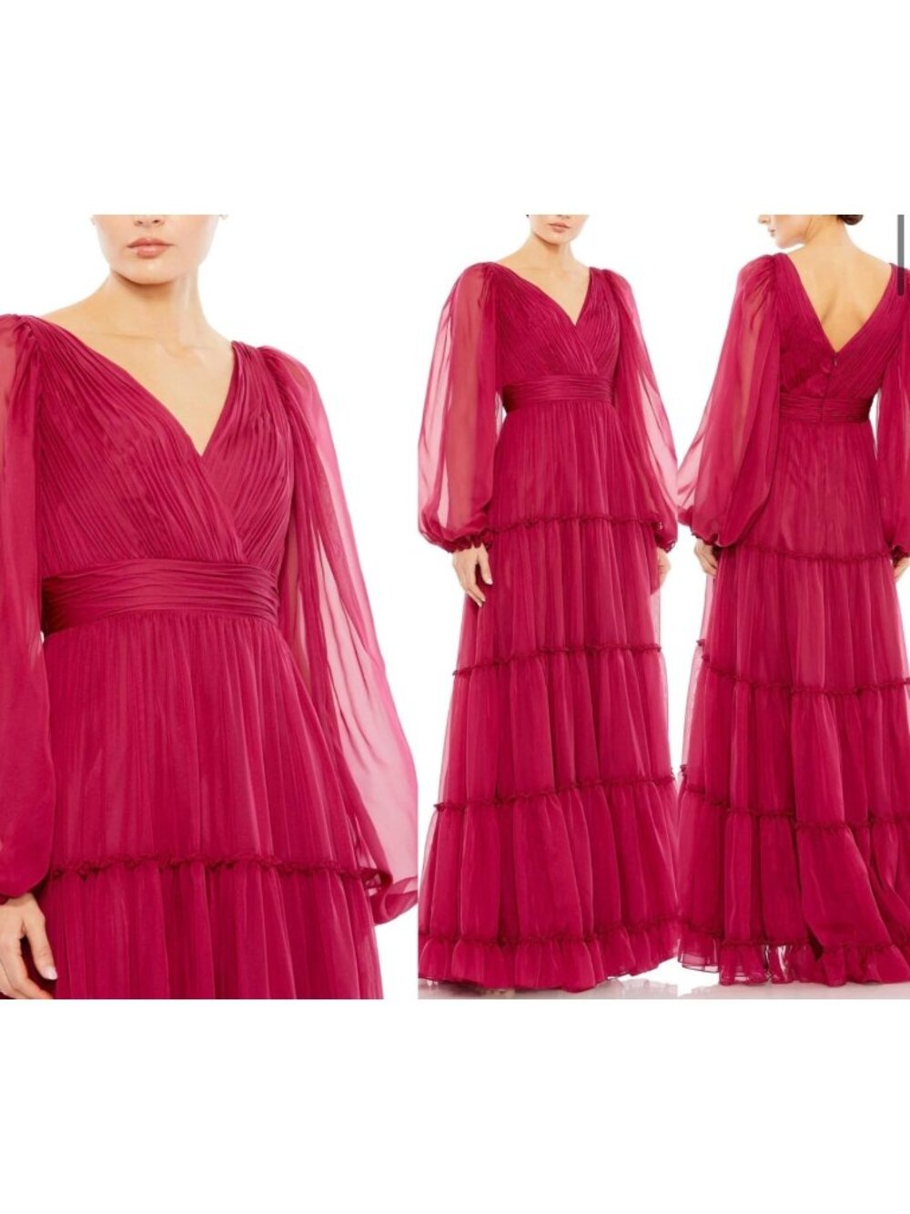 Mac Duggal Berry Ruffle Tiered Long Puff Sheer Sleeve A-Line Dress Size 12